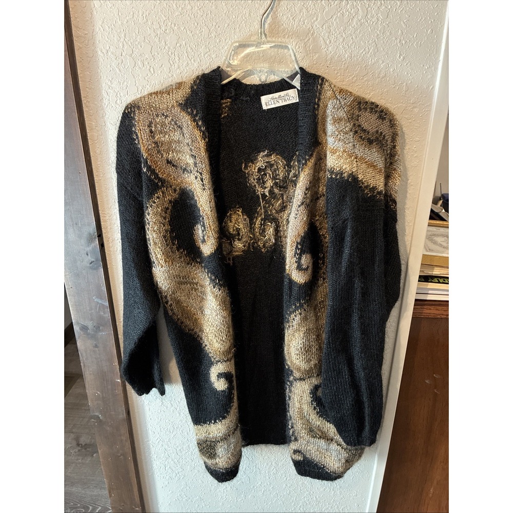 Vtg linda allard ellen tracy S/M open front sweater mohair mix Black/gold 80's